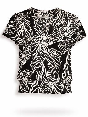 Nine West Black & White Floral Blouse Puff Sleeve V-Neck Lightweight Dressy